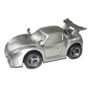 SHERIDAN silver race car piggy bank coin still non tarnish pewter 4.75" long